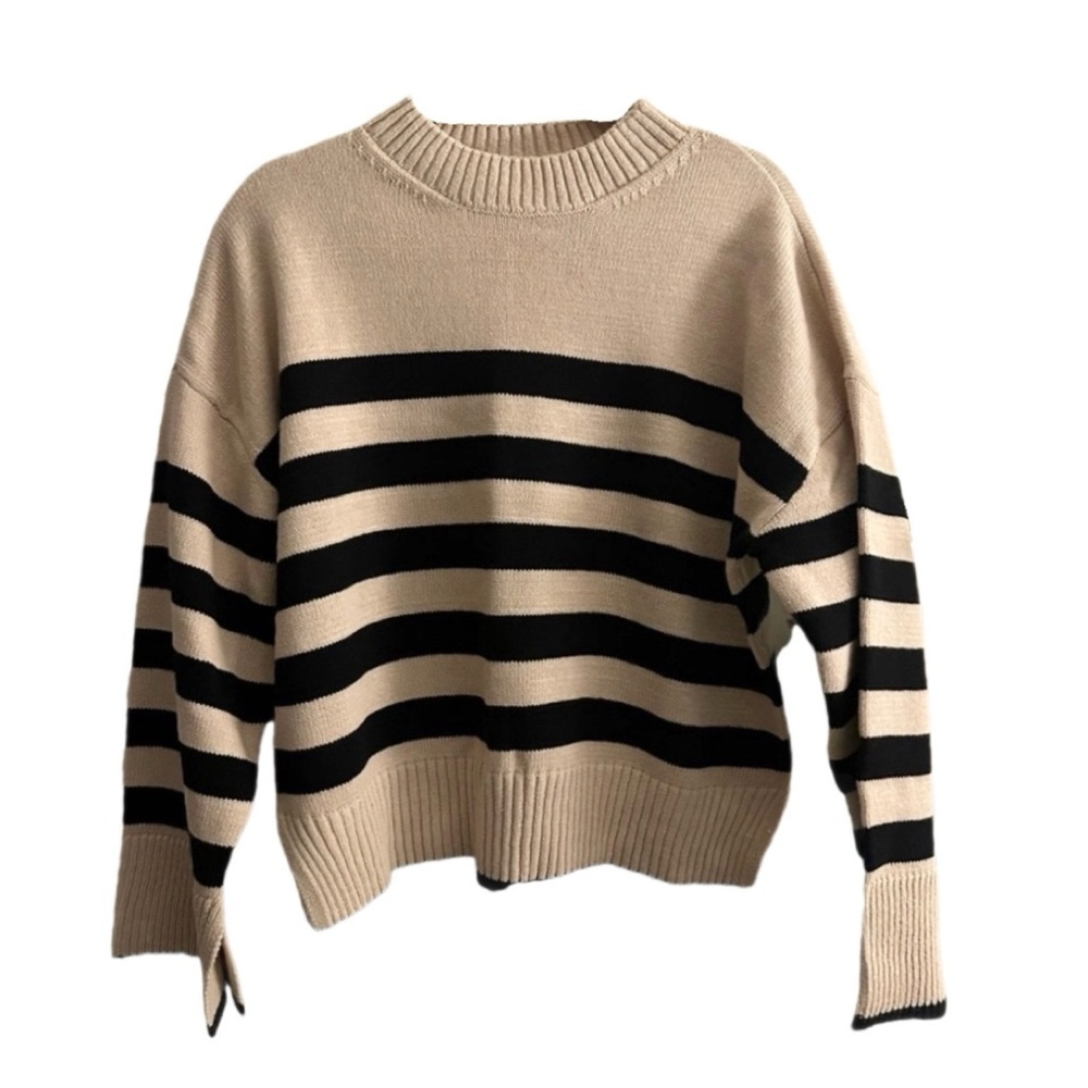 EVEREVE Beige and Black Striped Crew Neck Sweater